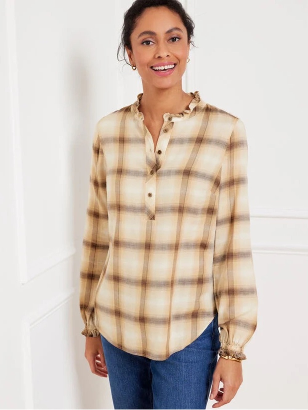 Talbots Beige and Brown Plaid Long-Sleeve Button-Front Shirt